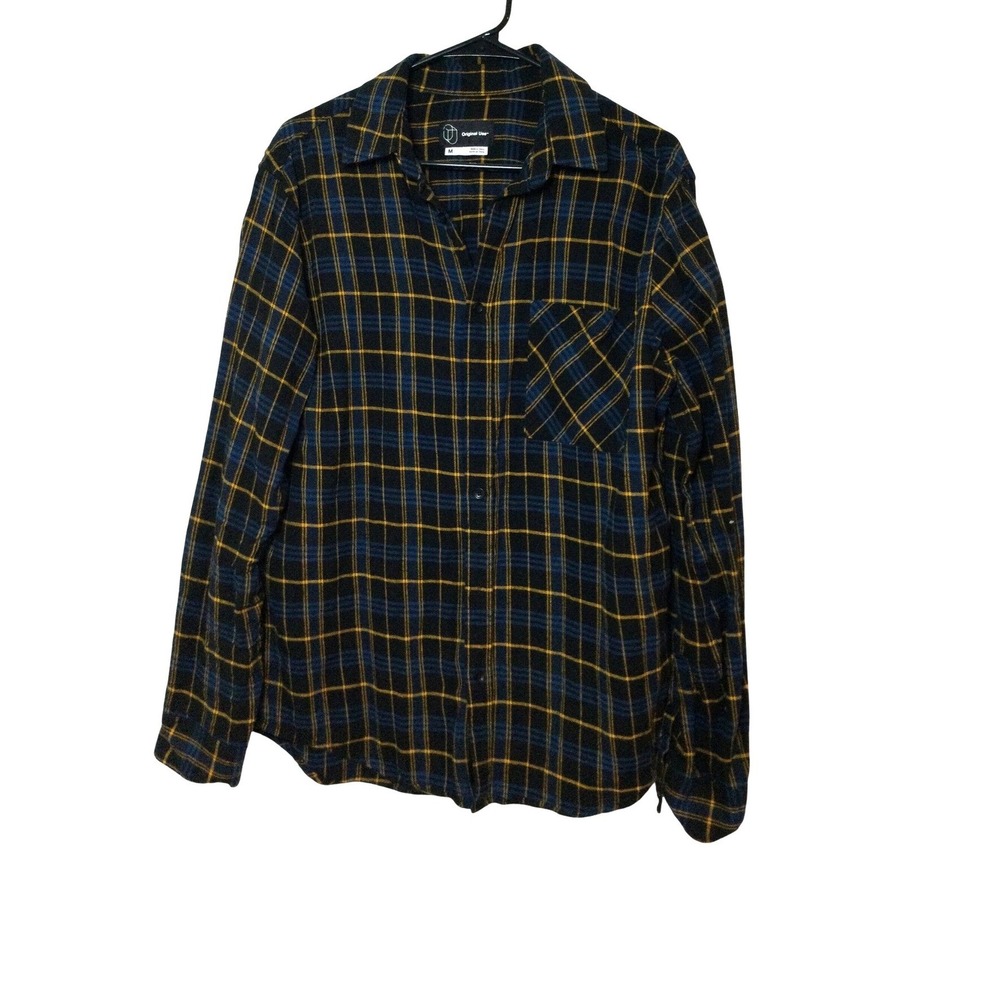 Original Use Flannel Shirt Plaid LongSleeve ButtonUp Top Black BlueYellow M(252)